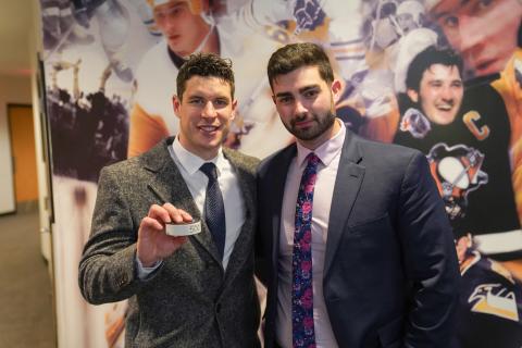 Justin Cummings '20, right, with professional hockey player Sidney Crosby during Justin's time on the communications team for the NHL's Pittsburgh Penguins.